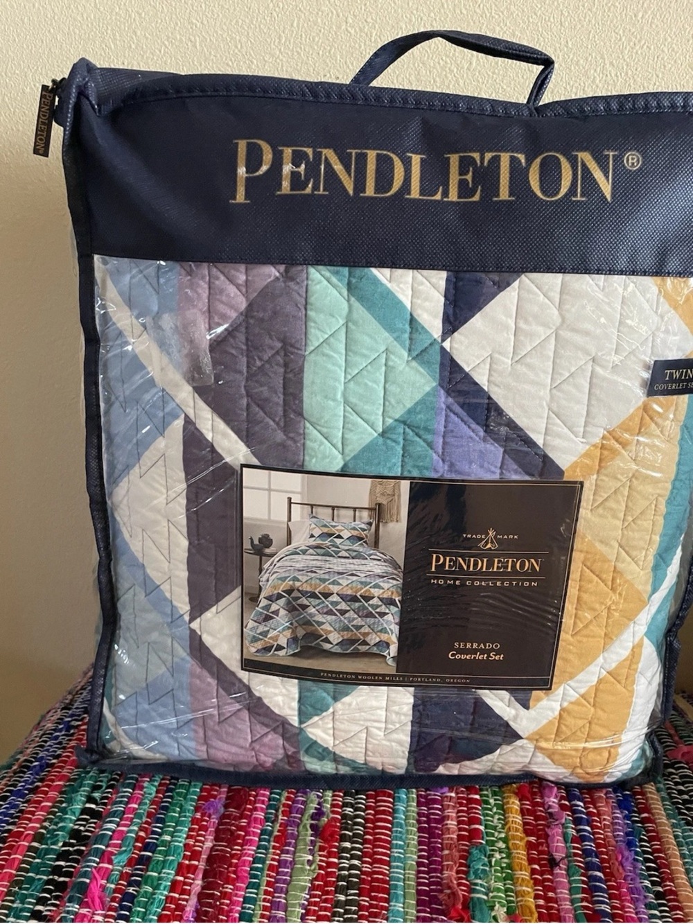 Pendleton Multicolor Geometric Twin Coverlet  Quilt Sham Teal Blue Purple Cream